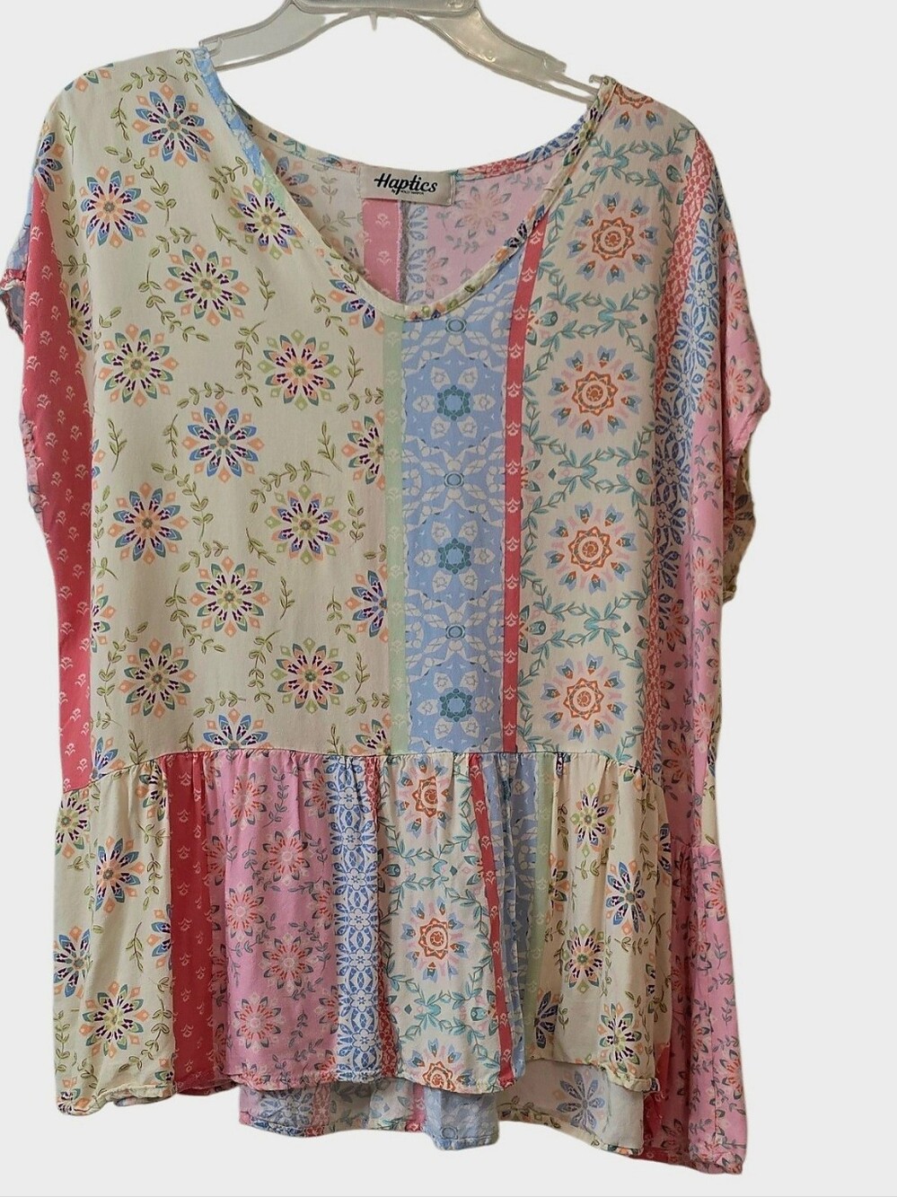 Haptics Multicolor Patchwork Floral Peplum Top - Pink/Blue Size S